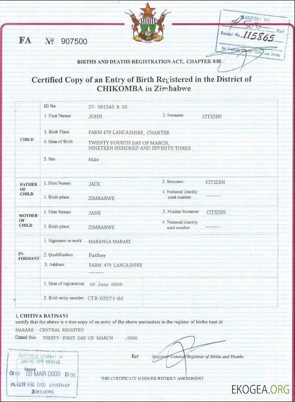 Modèle d'acte de naissance du Zimbabwe au format PSD